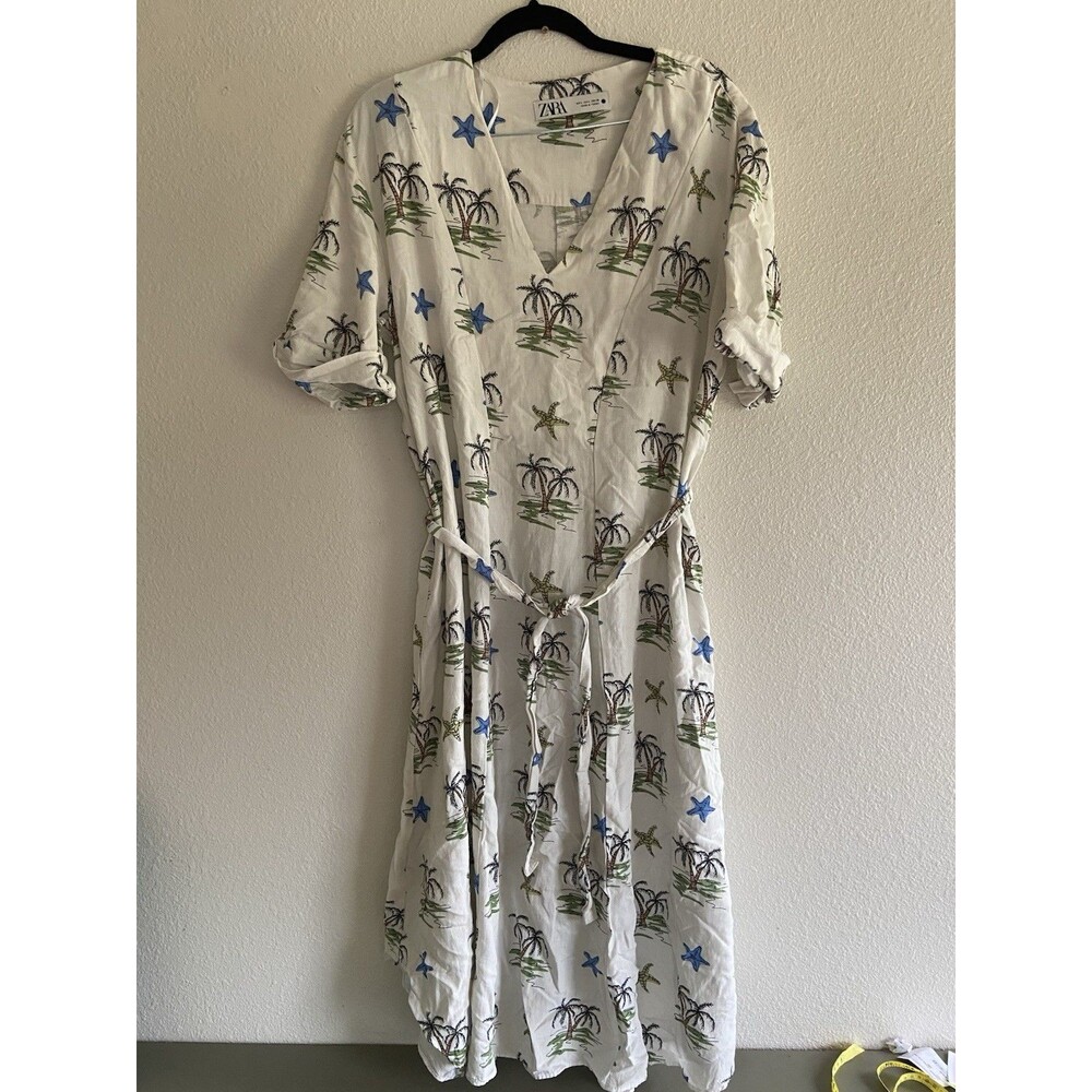 Zara Linen Blend Midi Shirt Dress Women’s Large Belted Palm Tree Starfish